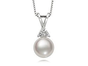 White Cultured Freshwater Pearl & Lab Sapphire Rhodium Over Sterling Silver Pendant With Chain