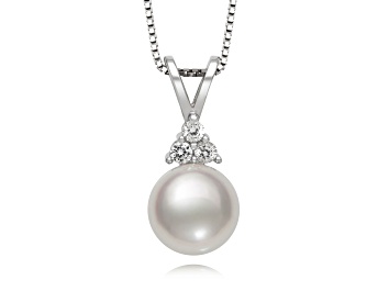 Picture of White Cultured Freshwater Pearl & Lab Sapphire Rhodium Over Sterling Silver Pendant With Chain