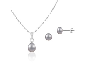 6mm Platinum Cultured Freshwater Pearl Rhodium Over Sterling Silver Pendant & Earring Set