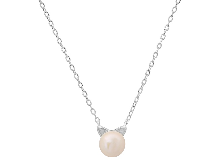 8mm Pink Cultured Freshwater Pearl Rhodium Over Sterling Silver Cat Necklace