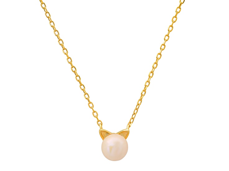 8mm Pink Cultured Freshwater Pearl 14k Yellow Gold Over Sterling Silver Cat Necklace