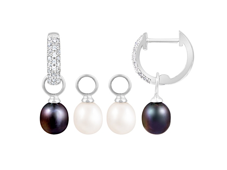 7-8mm White Black Cultured Freshwater Pearl and Cubic Zirconia Rhodium Over Sterling Silver Earrings