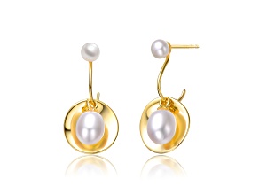White Freshwater Pearl, 14K Gold Plated over Sterling Silver Double Drop Seashell Dangle Earrings