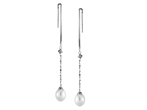 7.5-8mm White Cultured Freshwater Pearl and Cubic Zirconia Rhodium Over Sterling Silver Earrings