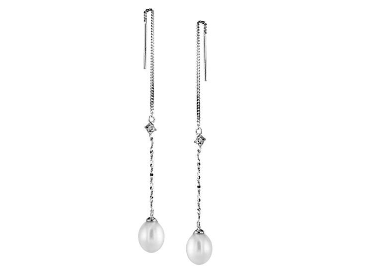 7.5-8mm White Cultured Freshwater Pearl and Cubic Zirconia Rhodium Over Sterling Silver Earrings