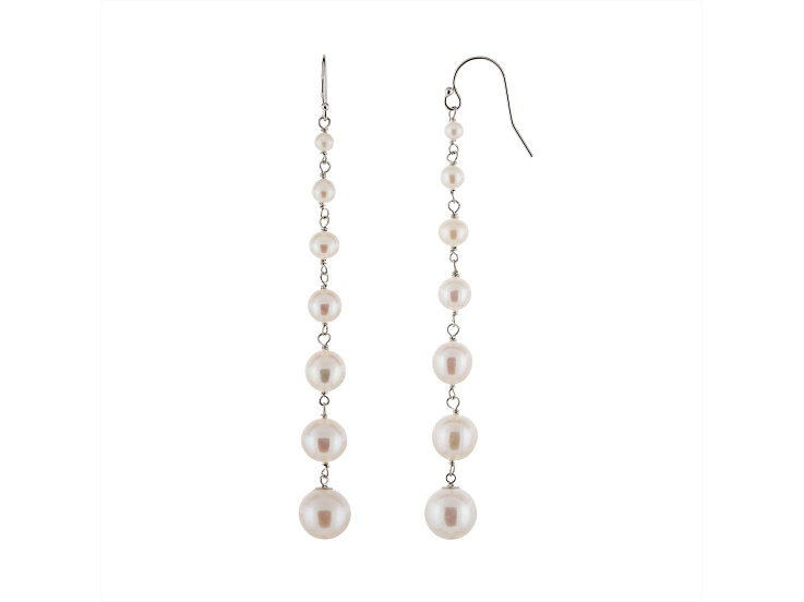 3-9.5mm White Cultured Freshwater Pearl Rhodium Over Sterling Silver Earrings