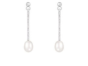 White Cultured Freshwater Pearl and Cubic Zirconia Rhodium Over Sterling Silver 7-8mm Drop Earrings