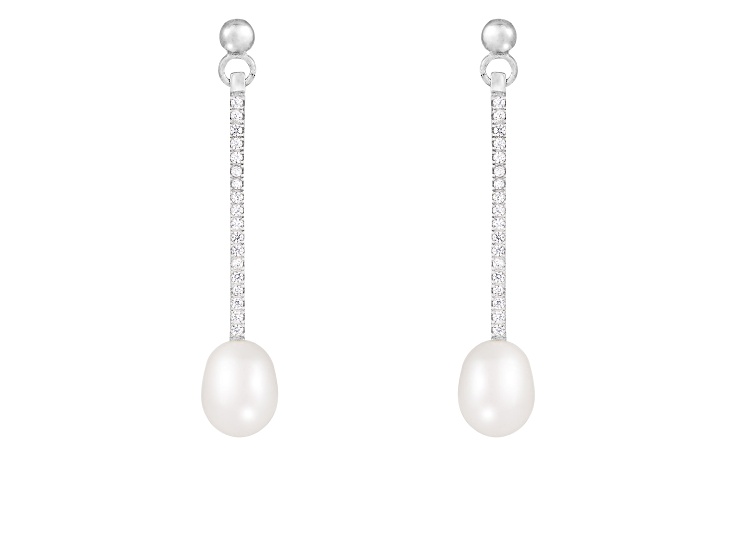 White Cultured Freshwater Pearl and Cubic Zirconia Rhodium Over Sterling Silver 7-8mm Drop Earrings