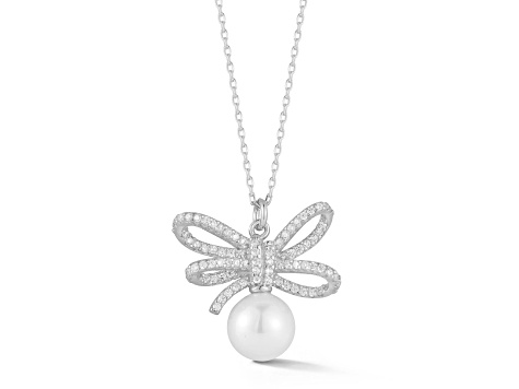 Sterling Statements Rhodium Over Sterling Silver Freshwater Pearl CZ Bow Pendant Necklace
