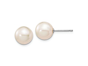 Rhodium Over 10k White Gold 8-9mm White Round Freshwater Cultured Pearl Stud Earrings