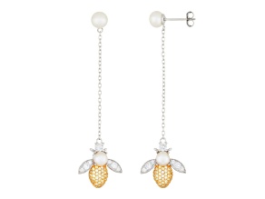 5-6.5mm White Cultured FW Pearl and Cubic Zirconia Rhodium & Gold Over Sterling Silver Earrings