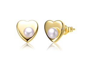 White Freshwater Pearl, 14K Gold Plated over Sterling Silver Heart Stud Earrings