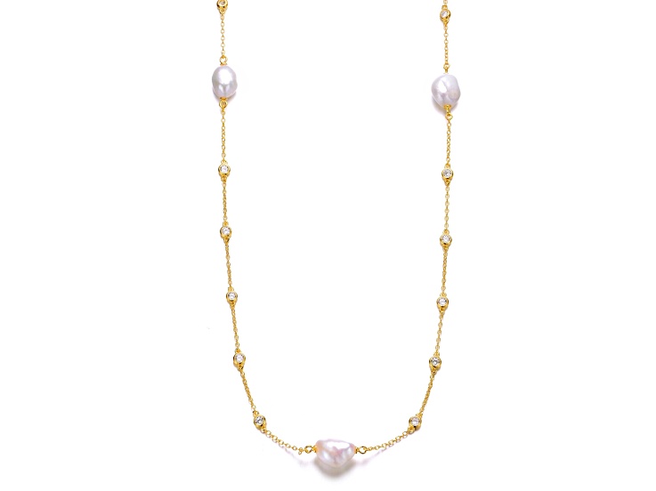 Baroque Pearl, 14K Gold Plated over Sterling Silver Beaded Station Necklace