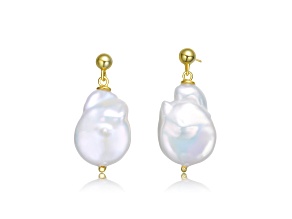 Genuine Freshwater Pearl, Elegant 14K Gold Plating over Sterling Silver Dangling Earrings