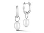 Sterling Statements Rhodium Over Sterling Silver Oval Shaped Freshwater Pearl Charm Hoop Earrings