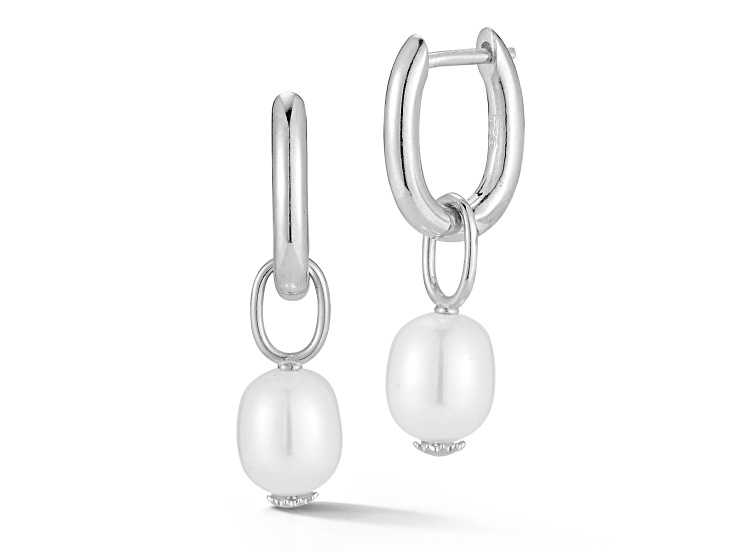 Sterling Statements Rhodium Over Sterling Silver Oval Shaped Freshwater Pearl Charm Hoop Earrings