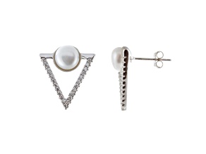 6-7mm White Cultured Freshwater Pearl and Cubic Zirconia Rhodium Over Sterling Silver Earrings