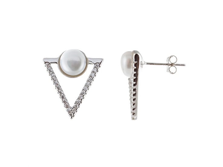 6-7mm White Cultured Freshwater Pearl and Cubic Zirconia Rhodium Over Sterling Silver Earrings