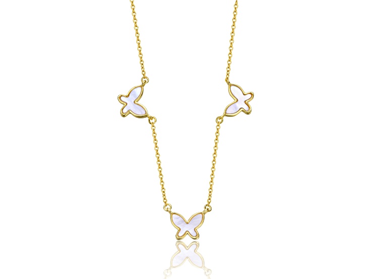Mother of Pearl, 14K Gold Plated over Brass Triple Charm Butterfly Necklace for Teens