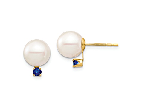 14K Yellow Gold 8-8.5mm White Round Freshwater Cultured Pearl Sapphire Post Earrings