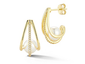Rachel Zoe 14K Yellow Gold Over Sterling Silver Freshwater Pearl and CZ Cage Hoop Earrings