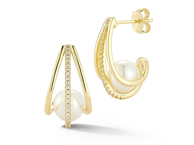 Rachel Zoe 14K Yellow Gold Over Sterling Silver Freshwater Pearl and CZ Cage Hoop Earrings
