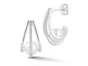 Rachel Zoe Rhodium Over Sterling Silver Freshwater Pearl and CZ Cage Hoop Earrings