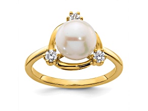 14K Yellow Gold Lab Grown Diamond and Freshwater Cultured Pearl Ring