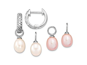 Rhodium Over Sterling Silver  7-8mm White/Pink FWC Pearl Cubic Zirconia Changeable Earring
