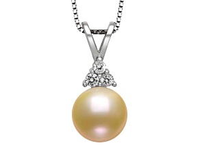 Peach Cultured Freshwater Pearl & Lab Sapphire Rhodium Over Sterling Silver Pendant With Chain