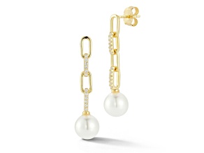 Rachel Zoe 14K Yellow Gold Over Sterling Silver Freshwater Pearl and CZ Link Dangle Earrings