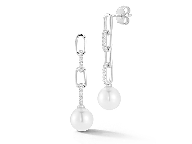 Rachel Zoe Rhodium Over Sterling Silver Freshwater Pearl and CZ Link Dangle Earrings