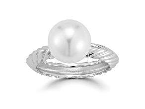 Rachel Zoe Rhodium Over Sterling Silver Solitaire Freshwater Pearl Fluted Band Ring
