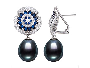 Black Cultured Freshwater Pearl With Cubic Zirconia Rhodium Over Sterling Silver Earrings