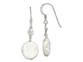 Sterling Silver Polished Freshwater Cultured Coin Pearl and CZ Dangle Earrings