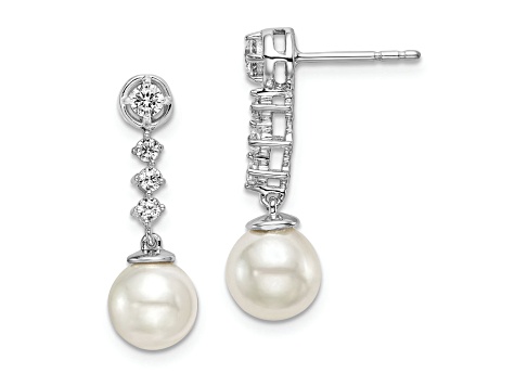 Rhodium Over 14K White Gold Freshwater Cultured Pearl and Diamond Post Earrings