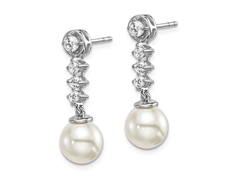 Rhodium Over 14K White Gold Freshwater Cultured Pearl and Diamond Post Earrings