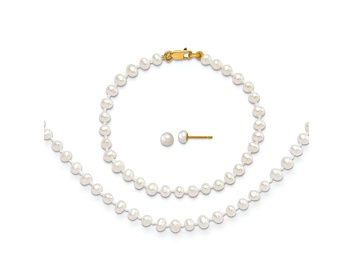 Picture of 14K Yellow Gold 3-4mm Freshwater Cultured Pearl 14 Inch Necklace, 5 Inch Bracelet and Earring Set