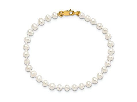 14K Yellow Gold 3-4mm Freshwater Cultured Pearl 14 Inch Necklace, 5 Inch Bracelet and Earring Set