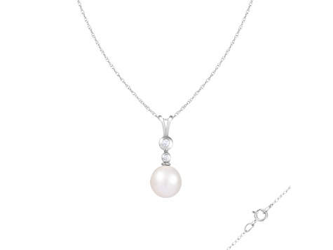 White Cultured Freshwater Pearl and Diamond 14K White Gold Pendant 8-8.5mm