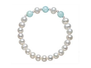White Cultured Freshwater Pearl With Aquamarine And Rhodium Over Silver Beads Stretch Bracelet