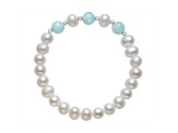 White Cultured Freshwater Pearl With Aquamarine And Rhodium Over Silver Beads Stretch Bracelet