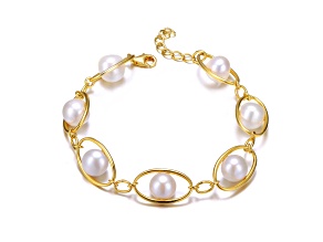 Genuine Freshwater Pearl and Cubic Zirconia, 14K Gold Plated over Sterling Silver Link Oval Bracelet