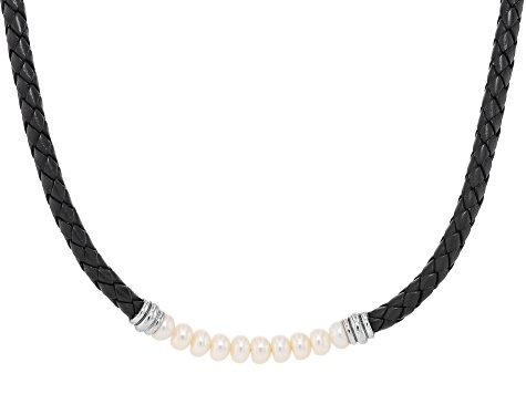 White Cultured Freshwater Pearl Rhodium Over Sterling Silver and Black Leather Necklace