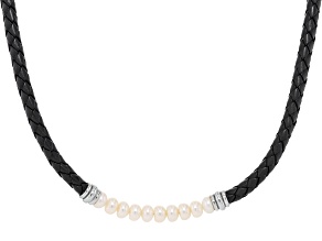 White Cultured Freshwater Pearl Rhodium Over Sterling Silver and Black Leather Necklace
