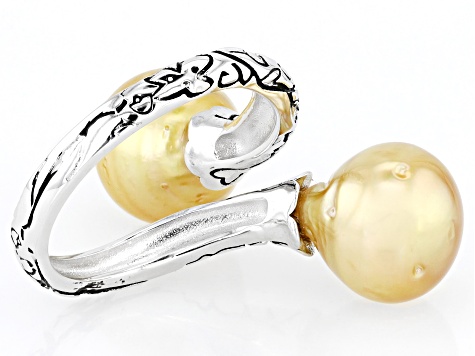 Golden Cultured South Sea Pearl Rhodium Over Sterling Silver Bypass Ring