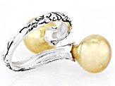 Golden Cultured South Sea Pearl Rhodium Over Sterling Silver Bypass Ring