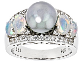 Cultured Tahitian Pearl and with Ethiopian Opal and White Zircon Rhodium Over Sterling Silver Ring