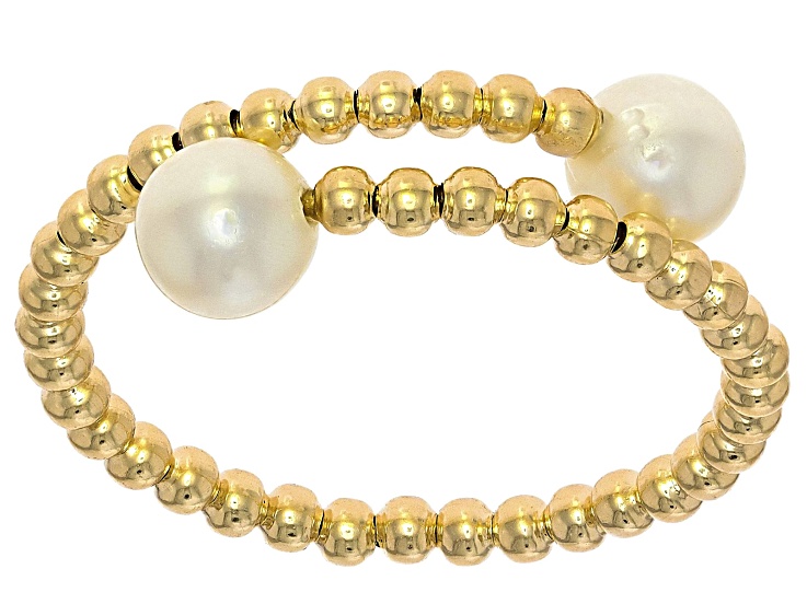 White Cultured Freshwater Pearl 14k Yellow Gold Adjustable Bypass Ring with Memory Wire