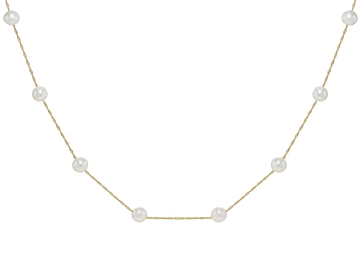 White Cultured Freshwater Pearl 14k Yellow Gold Station Necklace
